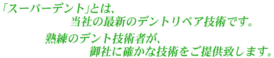 「スーパーデント」とは、当社の最新のデントリペア技術です。熟練のデント技術者が、御社に確かな技術をご提供致します。